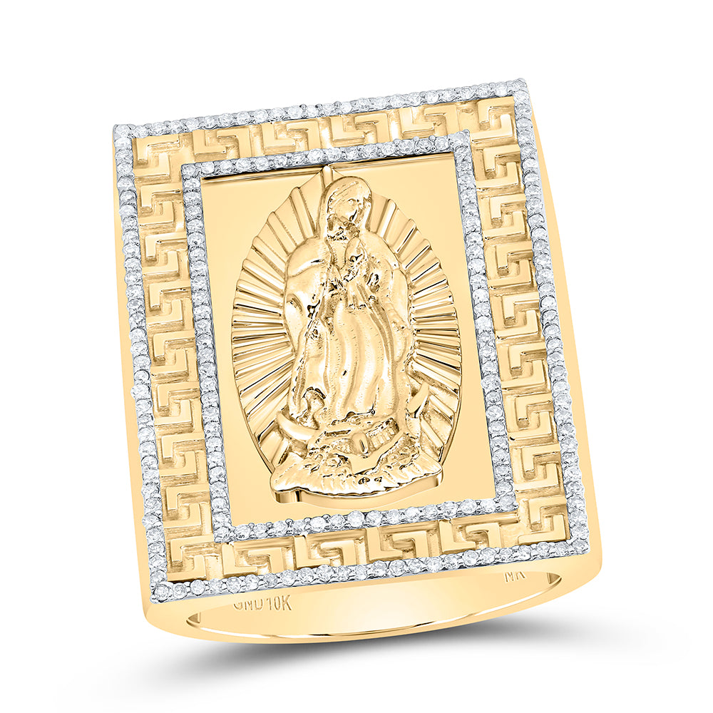 10kt Yellow Gold 5/8 Cttw Diamond Virgin Mary Mens Ring -1.25 Inch Version, Men Size: 8-12