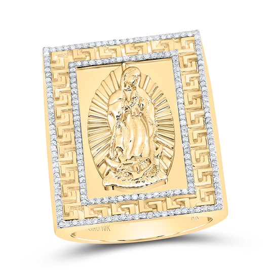 10kt Yellow Gold 5/8 Cttw Diamond Virgin Mary Mens Ring -1.25 Inch Version, Men Size: 8-12