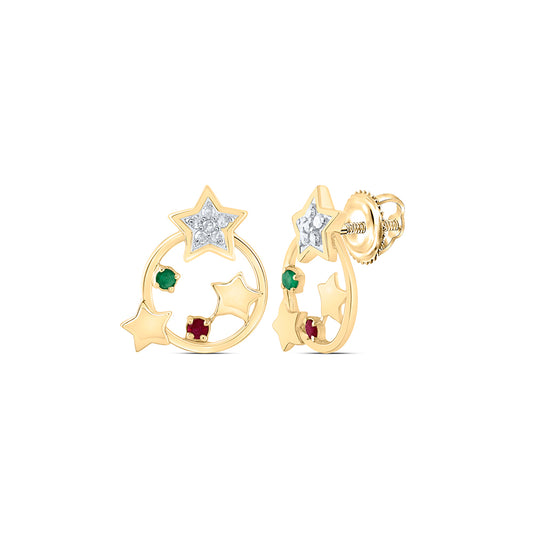 10kt Yellow Gold 1/20 Cttw Diamond and 1/20 Cttw Round-em,1/20 Cttw Round Ruby Natural Gem Earring