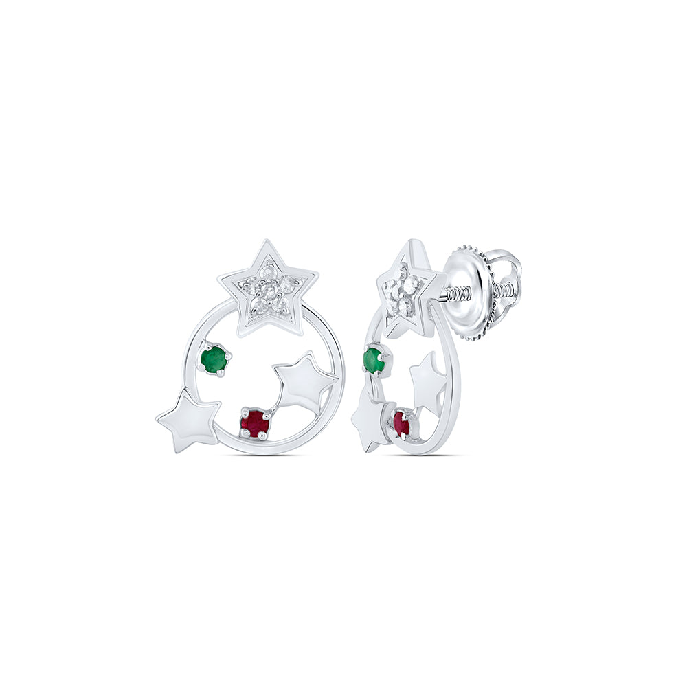 10kt White Gold 1/20 Cttw Diamond and 1/20 Cttw Round-em,1/20 Cttw Round Ruby Natural Gem Earring