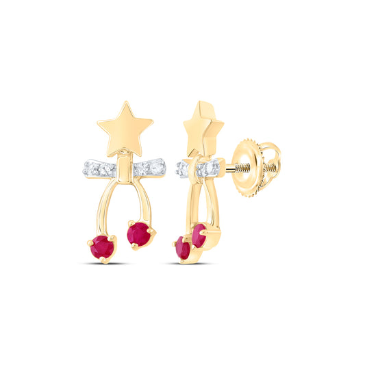 10kt Yellow Gold 1/20 Cttw Diamond and 1/8 Cttw Round Ruby Natural Gem Earring