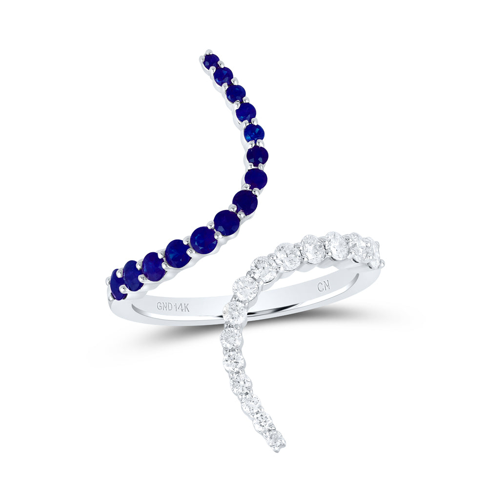 14K White Gold 3/8Ctw Natural Diamond Cn 3/8Ct Round Blue Sapphire Natural Gem Ring