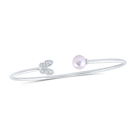 10kt White Gold 1/12 Cttw Diamond 6mm-pearl Butterfly Ladies Bangle (60x48mm)