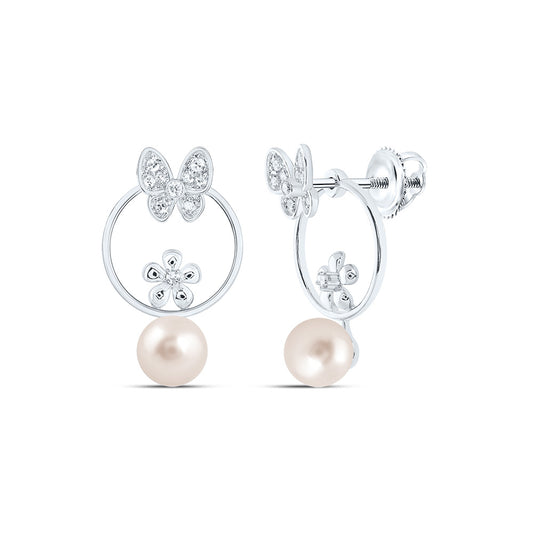 10kt White Gold 1/10 Cttw Diamond 6 Mm-pearl Butterfly Earring