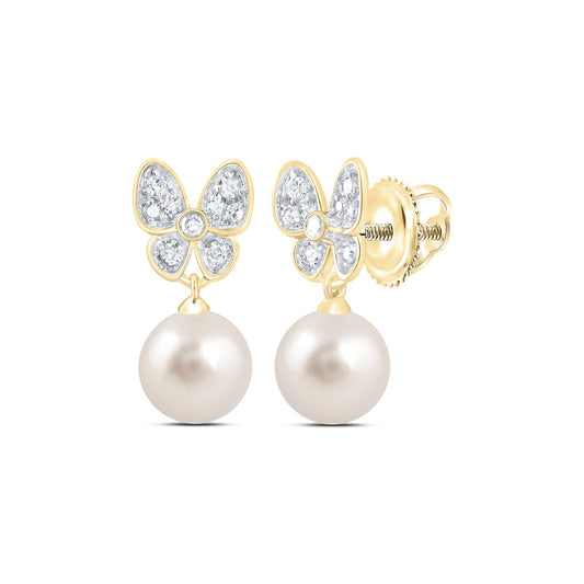 10kt Yellow Gold 1/10 Cttw Diamond 6 Mm-pearl Butterfly Earring