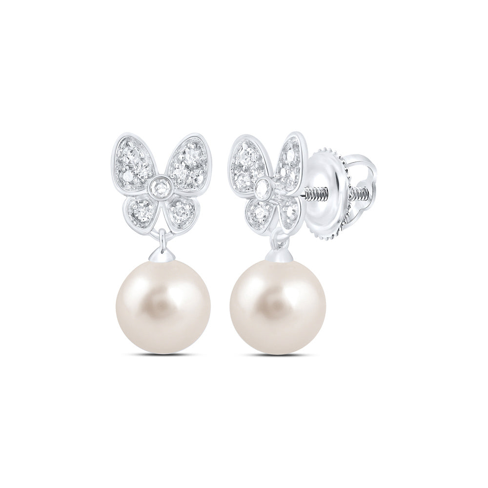 10kt White Gold 1/10 Cttw Diamond 6 Mm-pearl Butterfly Earring