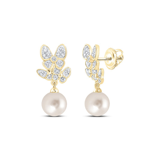 10kt Yellow Gold 1/6 Cttw Diamond 6 Mm-pearl Butterfly Earring