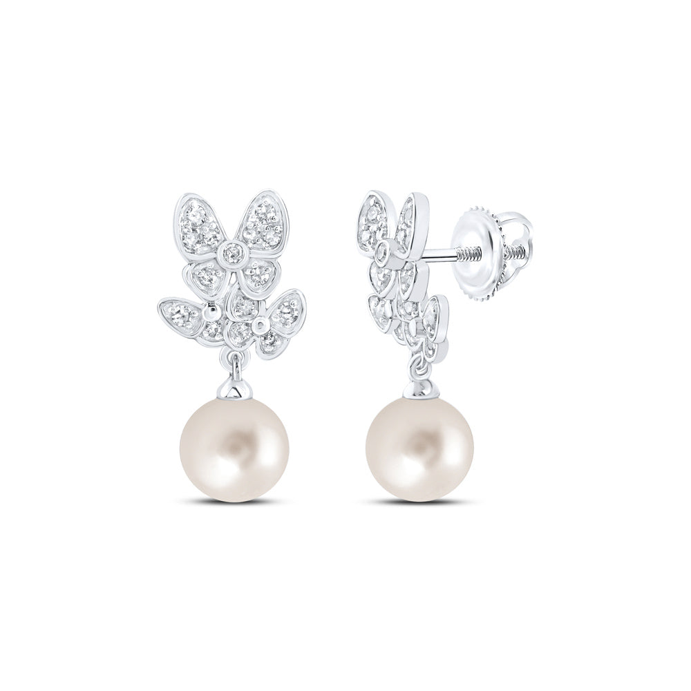 10kt White Gold 1/6 Cttw Diamond 6 Mm-pearl Butterfly Earring