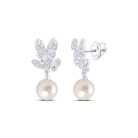 10kt White Gold 1/6 Cttw Diamond 6 Mm-pearl Butterfly Earring