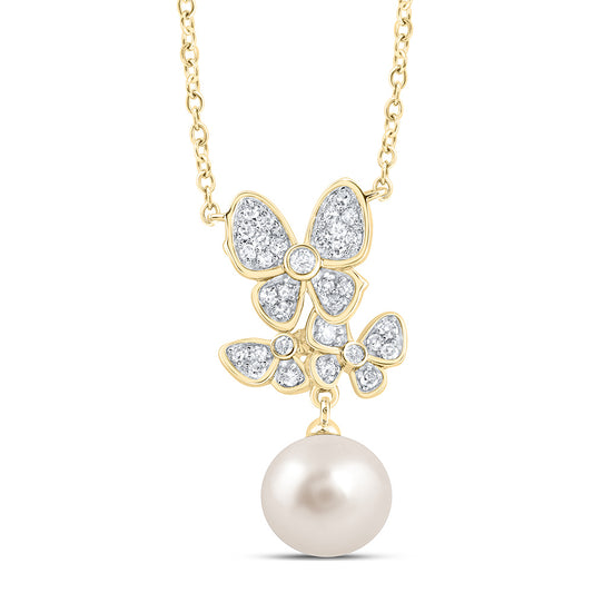 10kt Yellow Gold 1/8 Cttw Diamond 7mm-pearl Butterfly Necklace, Length: 18 Inch