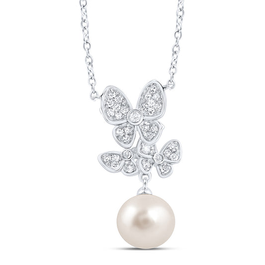 10kt White Gold 1/8 Cttw Diamond 7mm-pearl Butterfly Necklace, Length: 18 Inch