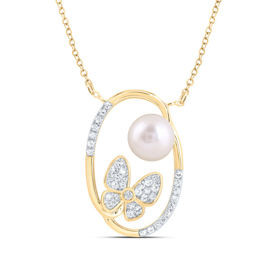 10kt Yellow Gold 1/5 Cttw Diamond 6.5mm-pearl Butterfly Necklace, Length: 18 Inch