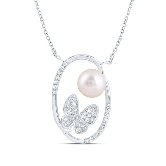 10kt White Gold 1/5 Cttw Diamond 6.5mm-pearl Butterfly Necklace, Length: 18 Inch