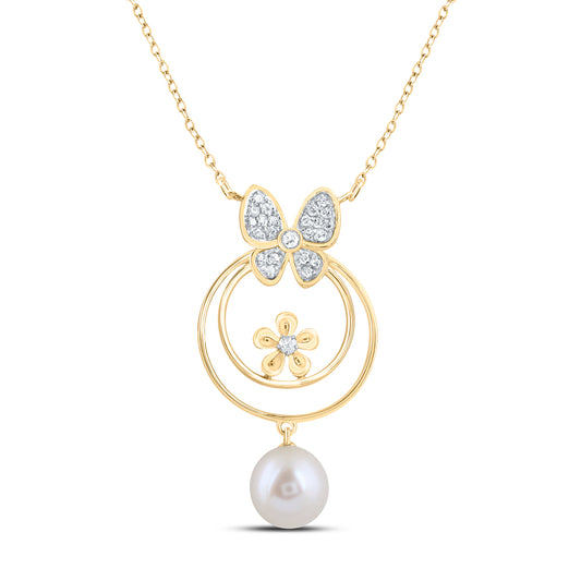10kt Yellow Gold 1/8 Cttw Diamond 7mm-pearl Butterfly Necklace, Length: 18 Inch