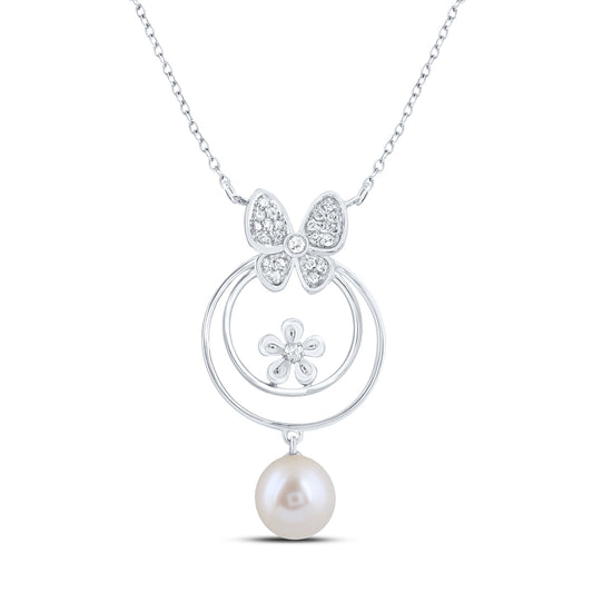10kt White Gold 1/8 Cttw Diamond 7mm-pearl Butterfly Necklace, Length: 18 Inch