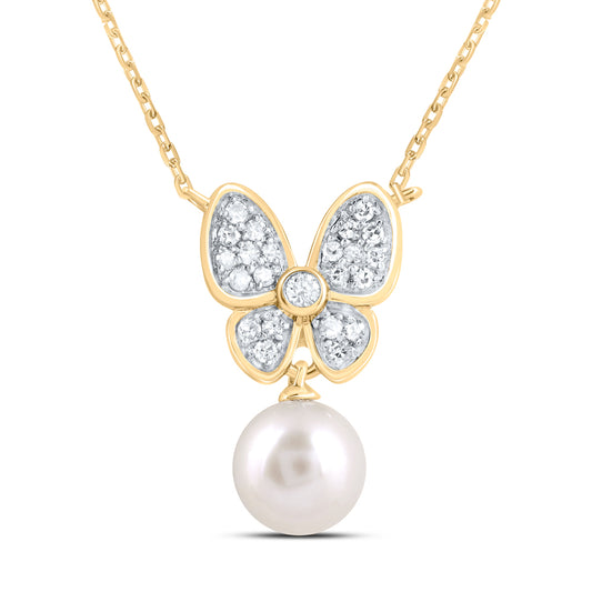 10kt Yellow Gold 1/8 Cttw Diamond 6mm-pearl Butterfly Necklace, Length: 18 Inch