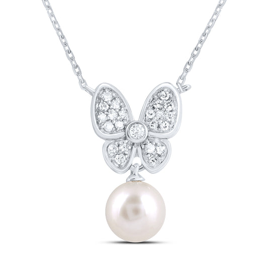 10kt White Gold 1/8 Cttw Diamond 6mm-pearl Butterfly Necklace, Length: 18 Inch