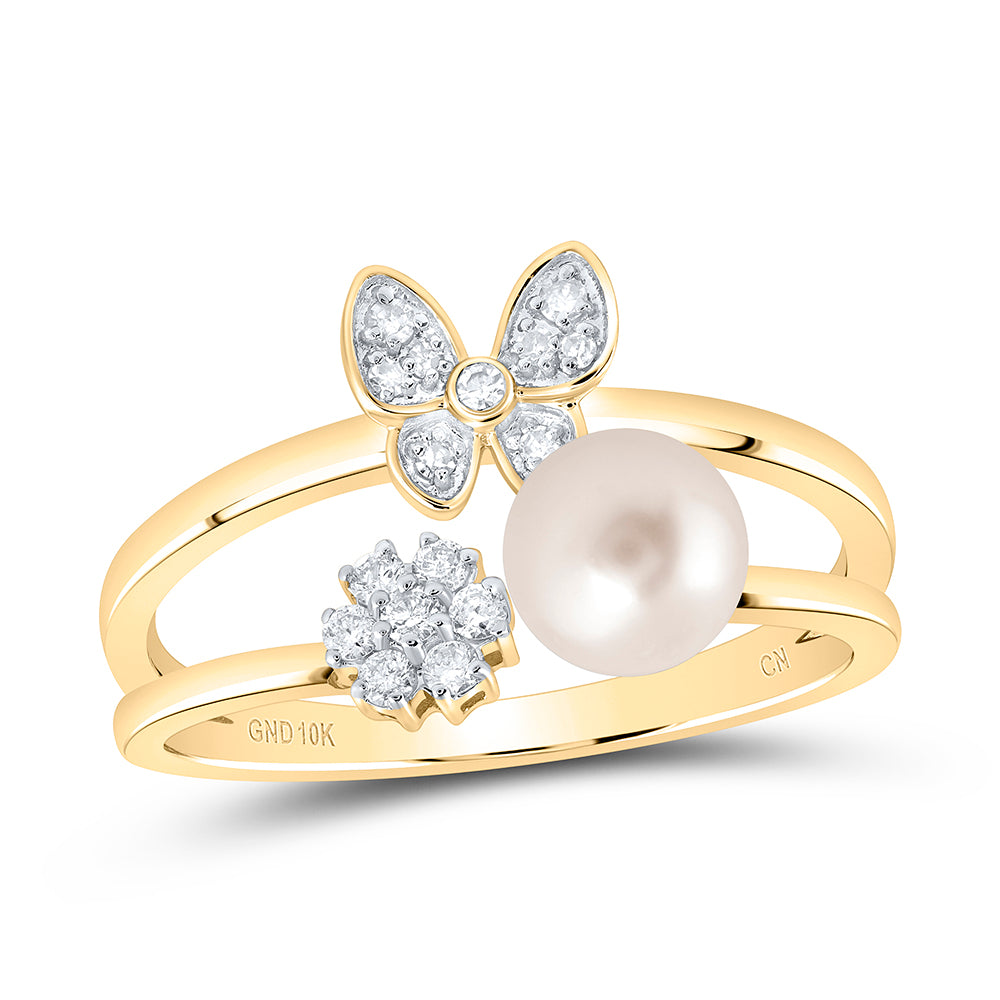 10kt Yellow Gold 1/6 Cttw Diamond 6mm-pearl Butterfly Ladies Wedding Engagement Anniversary Ring, Women Size: 5-9