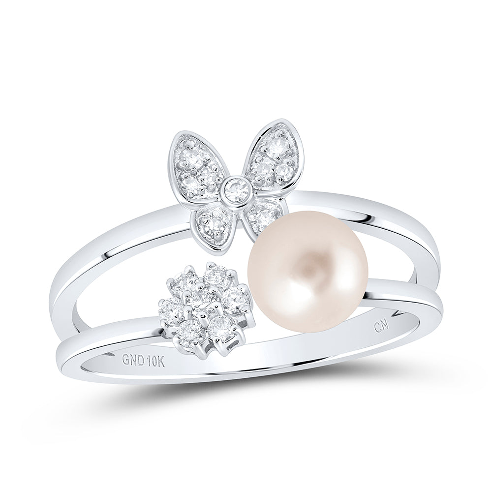 10kt White Gold 1/6 Cttw Diamond 6mm-pearl Butterfly Ladies Wedding Engagement Anniversary Ring, Women Size: 5-9