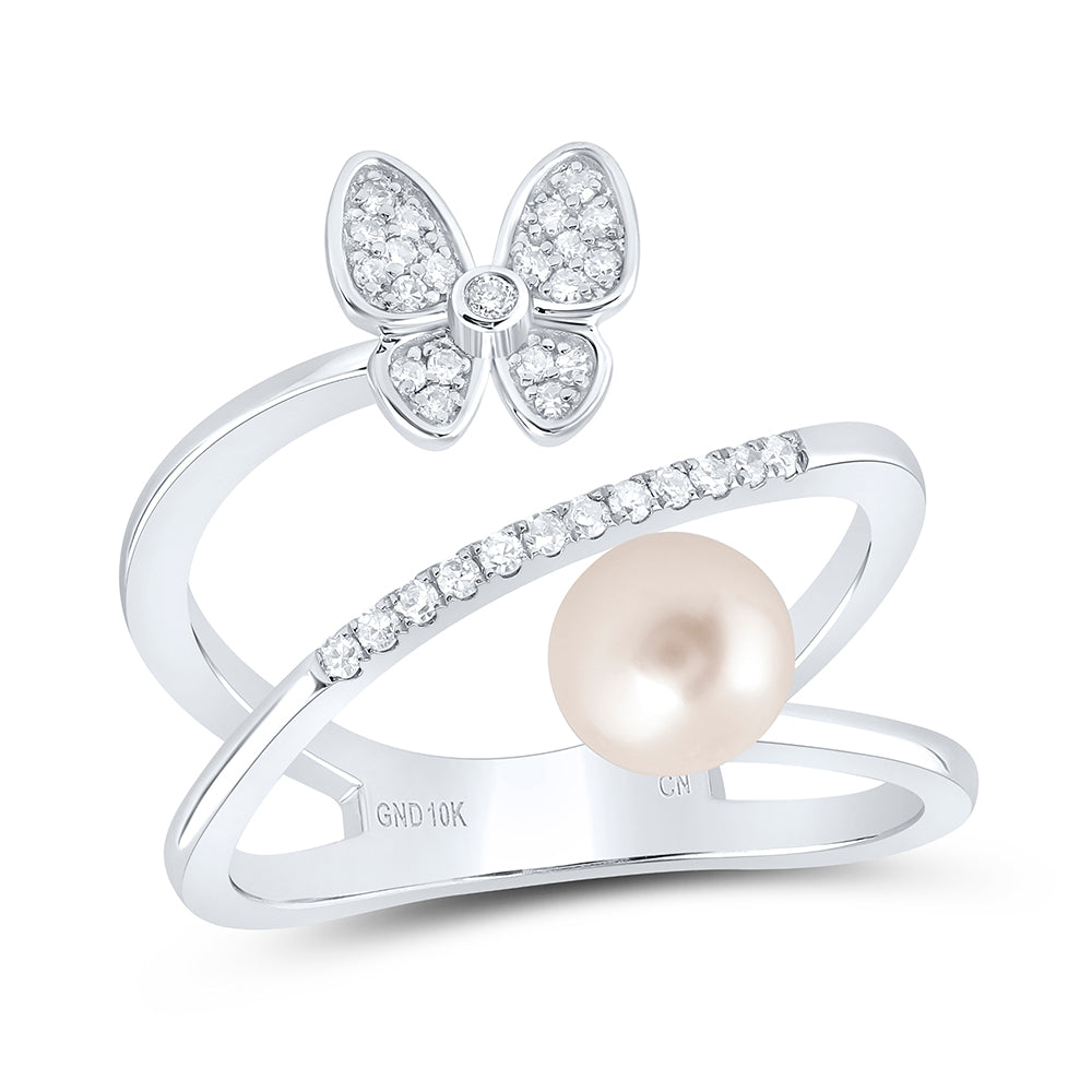 10kt White Gold 1/6 Cttw Diamond 6mm-pearl Butterfly Ladies Wedding Engagement Anniversary Ring, Women Size: 5-9