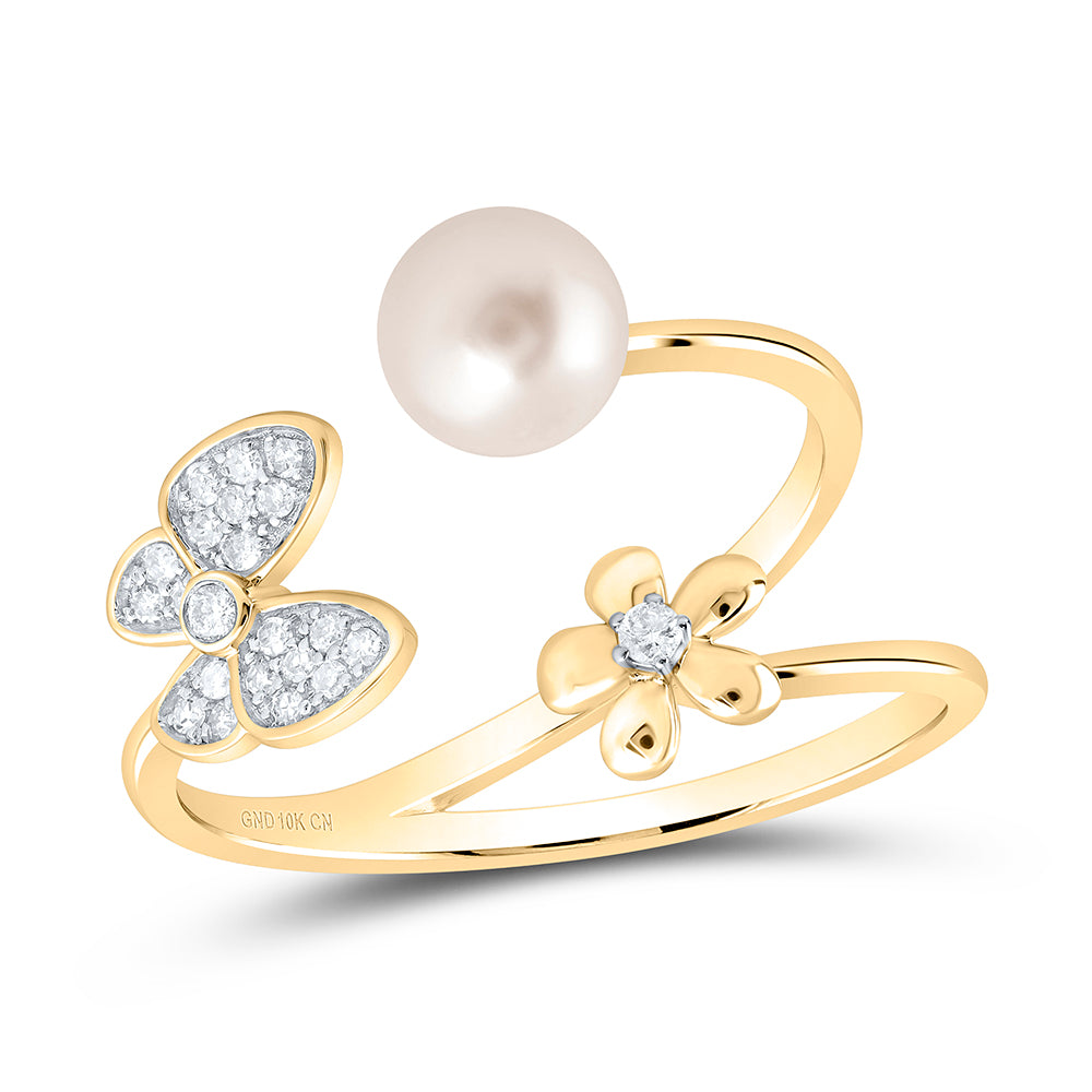 10kt Yellow Gold 1/10 Cttw Diamond 6mm-pearl Butterfly Ladies Wedding Engagement Anniversary Ring, Women Size: 5-9