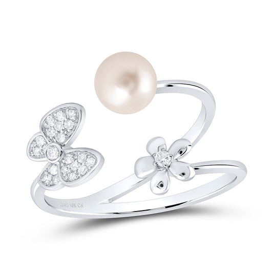 10kt White Gold 1/10 Cttw Diamond 6mm-pearl Butterfly Ladies Wedding Engagement Anniversary Ring, Women Size: 5-9