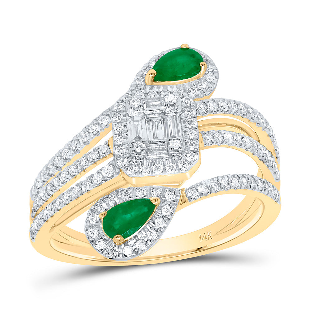 14kt Yellow Gold 1/2 Cttw Diamond Ana M and 1/2 Cttw Pear Emerald Natural Wedding Engagement Anniversary Gem Ring, Women Size: 5-9