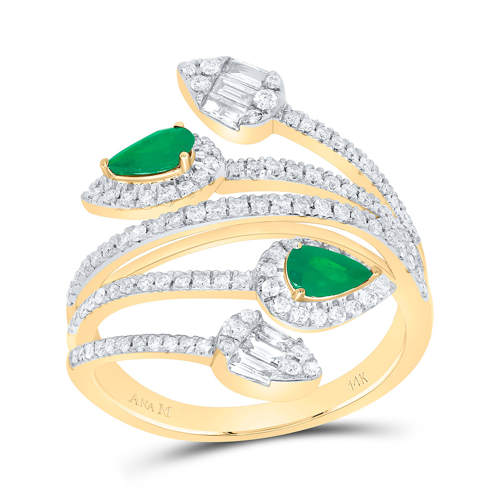 14kt Yellow Gold 5/8 Cttw Diamond Ana M and 1/3 Cttw Pear Emerald Natural Wedding Engagement Anniversary Gem Ring, Women Size: 5-9