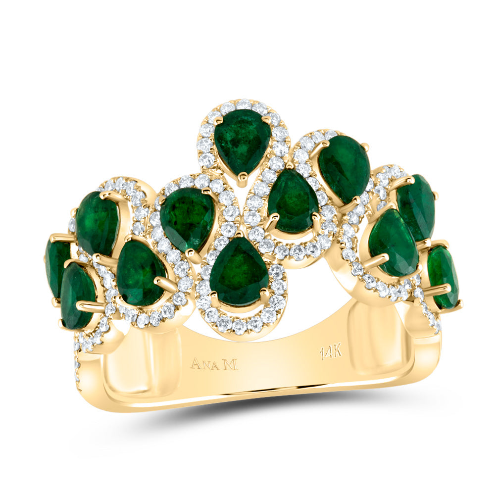 14kt Yellow Gold 1/2 Cttw Diamond Ana M and 1 7/8 Cttw Pear Emerald Natural Wedding Engagement Anniversary Gem Ring, Women Size: 5-9