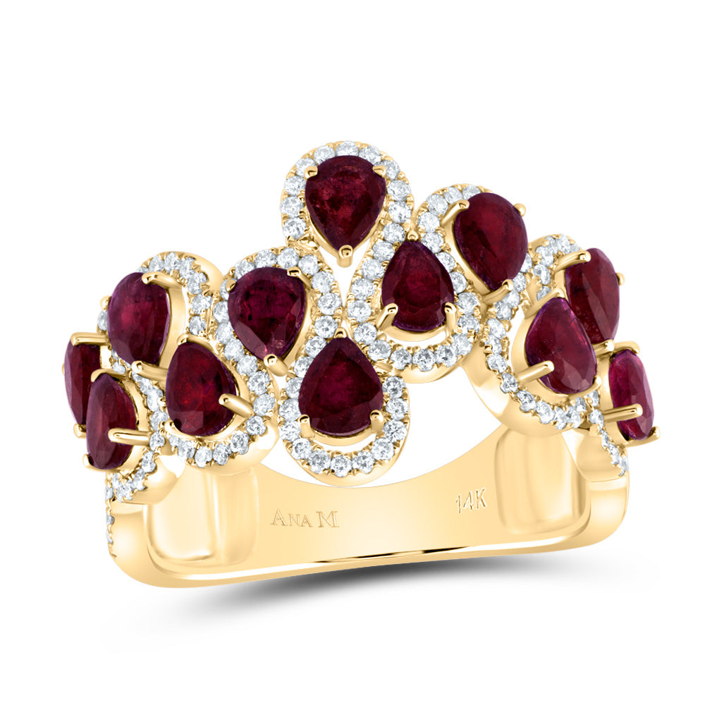 14kt Yellow Gold 1/2 Cttw Diamond Ana M 2 3/8 Cttw Pear Ruby Natural Wedding Engagement Anniversary Gem Ring, Women Size: 5-9