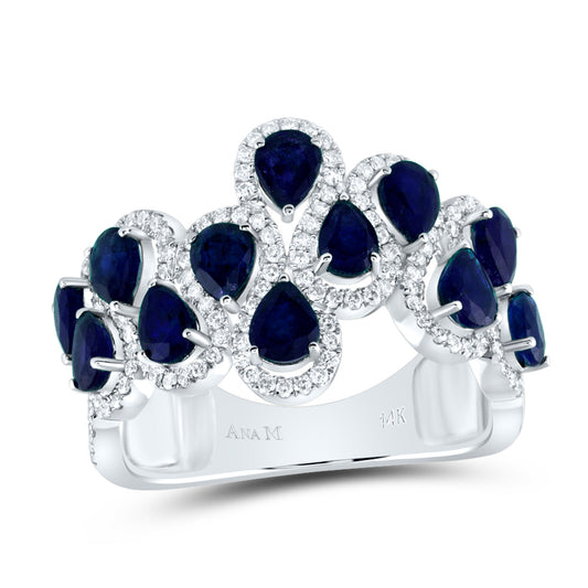 14kt White Gold 1/2 Cttw Diamond Ana M 2 Cttw Pear Blue Sapphire Natural Wedding Engagement Anniversary Gem Ring, Women Size: 5-9