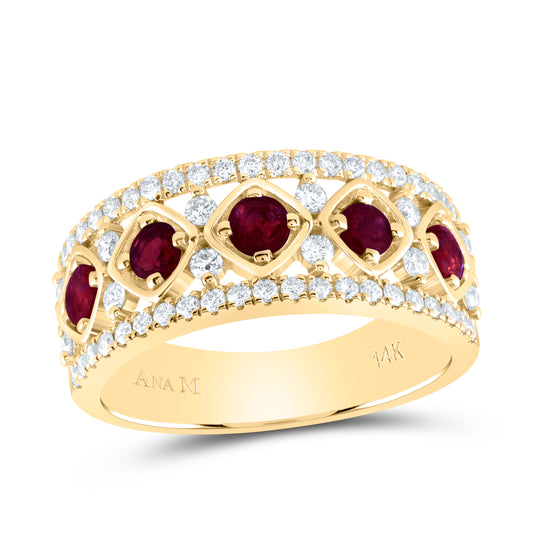 14kt Yellow Gold 1/2 Cttw Diamond Ana M 3/4 Cttw Round Ruby Natural Wedding Engagement Anniversary Gem Ring, Women Size: 5-9