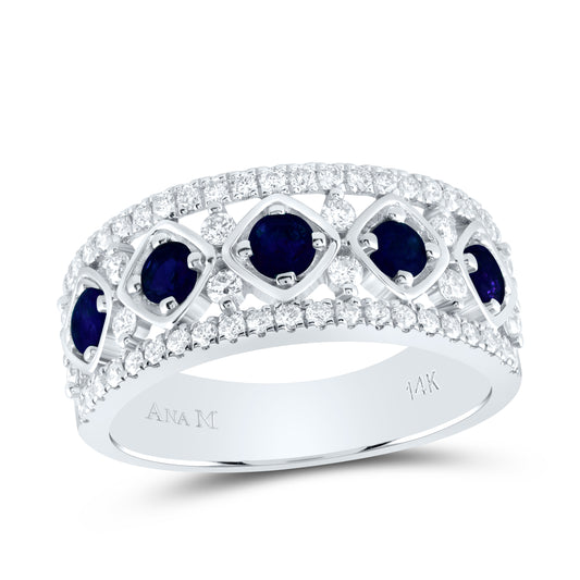 14kt White Gold 1/2 Cttw Diamond Ana M 3/4 Cttw Round Blue Sapphire Natural Wedding Engagement Anniversary Gem Ring, Women Size: 5-9