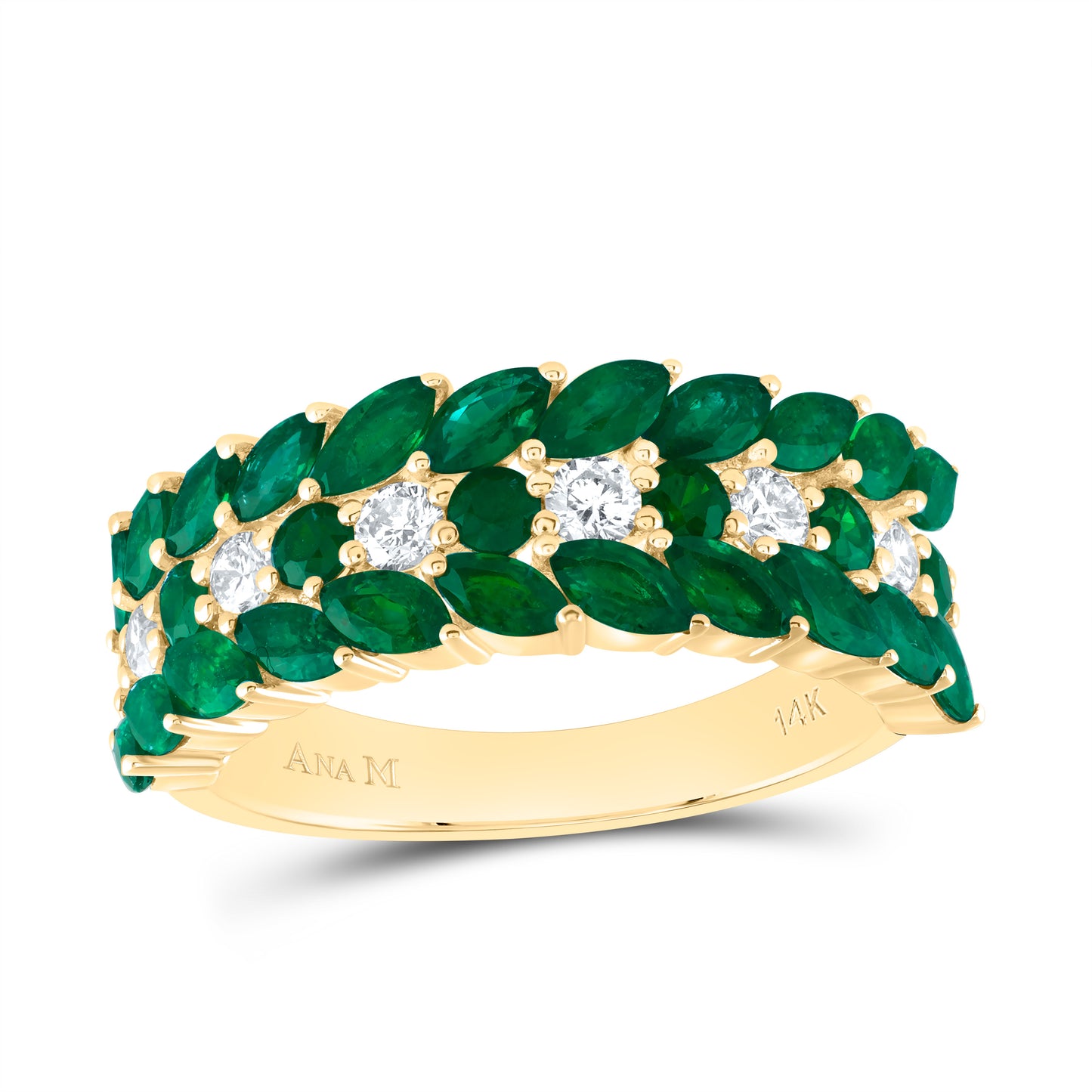 14kt Yellow Gold 1/3 Cttw Diamond Ana M and 1 3/4 Cttw Mq-em, 3/8 Cttw Round Emerald Natural Wedding Engagement Anniversary Gem Ring, Women Size: 5-9