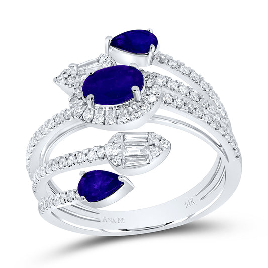 14kt White Gold 5/8 Cttw Diamond Ana M 6x4mm Oval Blue Sapphire,1/2 Cttw-ps Blue Sapphire Natural Wedding Engagement Anniversary Gem Ring, Women Size: 5-9
