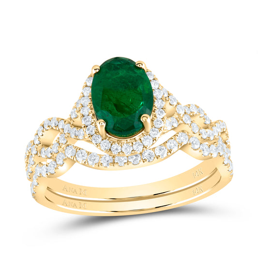 14kt Yellow Gold 5/8 Cttw Diamond Ana M 8x6mm Oval Emerald Natural Gem Single Halo Wedding Engagement Anniversary Bridal Set, Women Size: 5-9