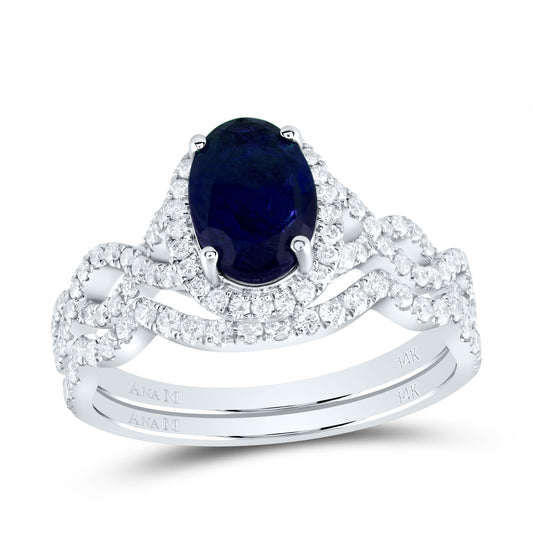 14kt White Gold 5/8 Cttw Diamond Ana M 8x6mm Oval Blue Sapphire Natural Gem Single Halo Wedding Engagement Anniversary Bridal Set, Women Size: 5-9