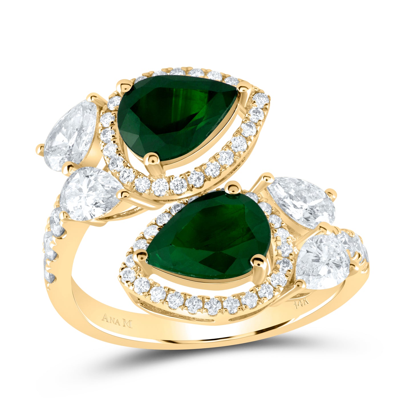 14kt Yellow Gold 1 3/8 Cttw Diamond Ana M and 1 7/8 Cttw Pear Emerald Natural Wedding Engagement Anniversary Gem Ring, Women Size: 5-9