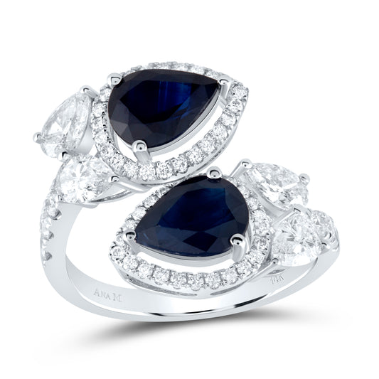 14kt White Gold 1 3/8 Cttw Diamond Ana M 2 5/8 Cttw Pear Blue Sapphire Natural Wedding Engagement Anniversary Gem Ring, Women Size: 5-9