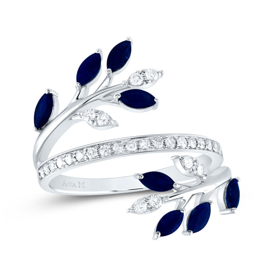 14kt White Gold 1/4 Cttw Diamond Ana M and 7/8 Cttw Marquise Blue Sapphire Natural Gem Bridal Wedding Engagement Anniversary Ring, Women Size: 5-9