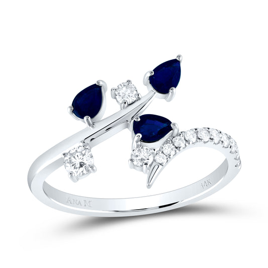 14kt White Gold 1/4 Cttw Diamond Ana M and 5/8 Cttw Pear Blue Sapphire Natural Gem Bridal Wedding Engagement Anniversary Ring, Women Size: 5-9
