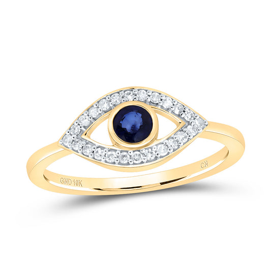 10kt Yellow Gold 1/8 Cttw Diamond 3.8mm Round Blue Sapphire, Natural Gem Eye Wedding Engagement Anniversary Ring, Women Size: 5-9