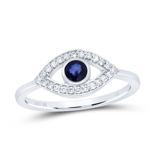 10kt White Gold 1/8 Cttw Diamond 3.8mm Round Blue Sapphire, Natural Gem Eye Wedding Engagement Anniversary Ring, Women Size: 5-9