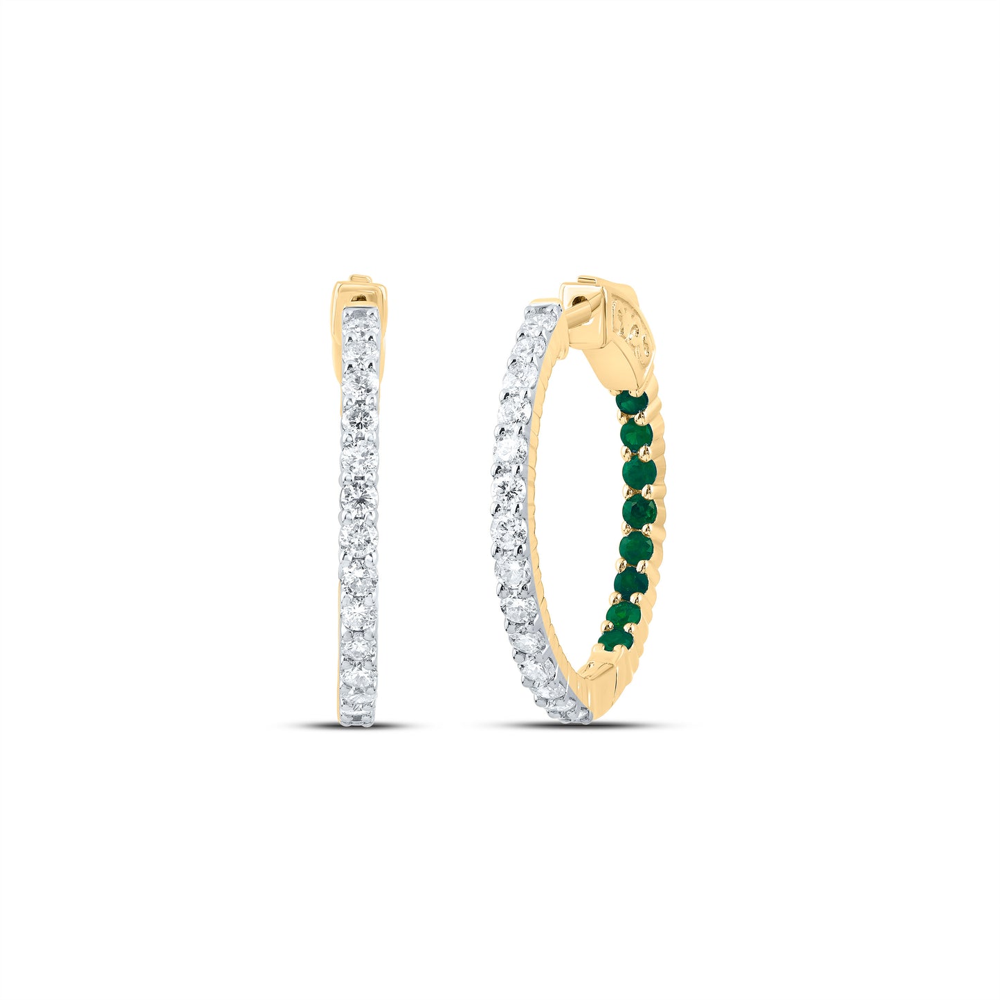 14kt Yellow Gold 7/8 Cttw Natural Diamond and 1/2 Cttw Round Emerald Natural Gem Hoop Earring