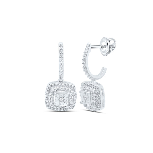 Sterling Silver 1/20 Cttw Natural Diamond Cushion Dangling Earring