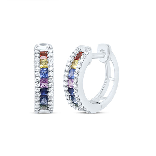14kt White Gold 1/4 Cttw Diamond 7/8ct- Pr Natural Gem Multicolor Sapphire Hoop Earring