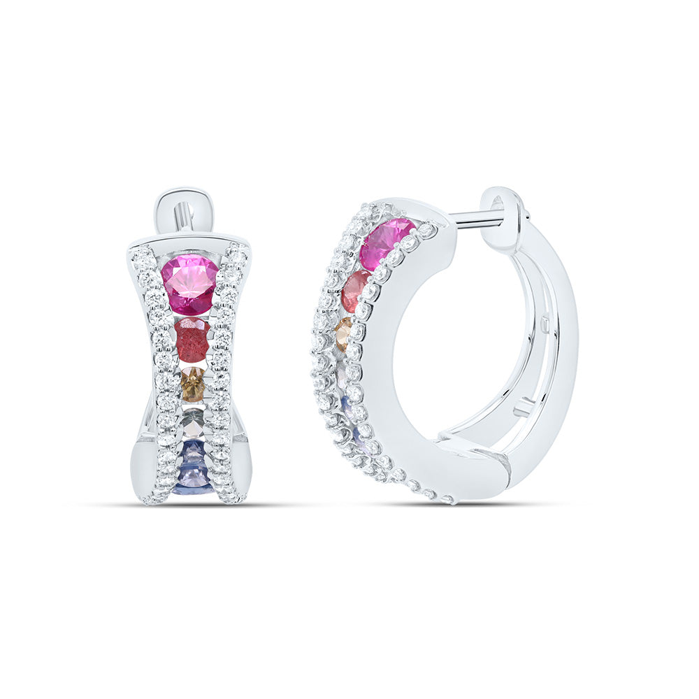 14kt White Gold 1/4 Cttw Diamond and 1 3/8ct- Round Natural Gem Multicolor Sapphire Hoop Earring
