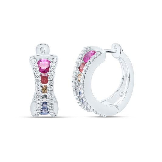 14kt White Gold 1/4 Cttw Diamond and 1 3/8ct- Round Natural Gem Multicolor Sapphire Hoop Earring