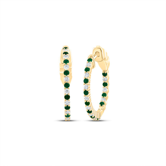 14kt Yellow Gold 1/4 Cttw Natural Diamond and 1/4 Cttw Round Emerald Natural Gem Hoop Earring