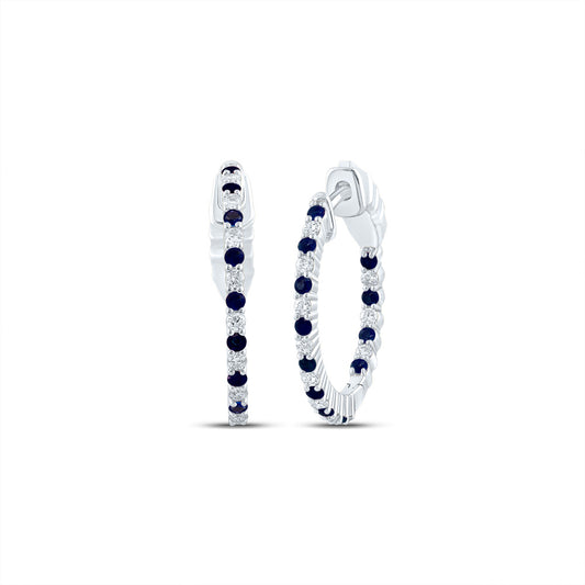 14K White Gold 1/4Cttw Natural Diamond 1/3Cttw Round Blue Sapphire Hoop Earring